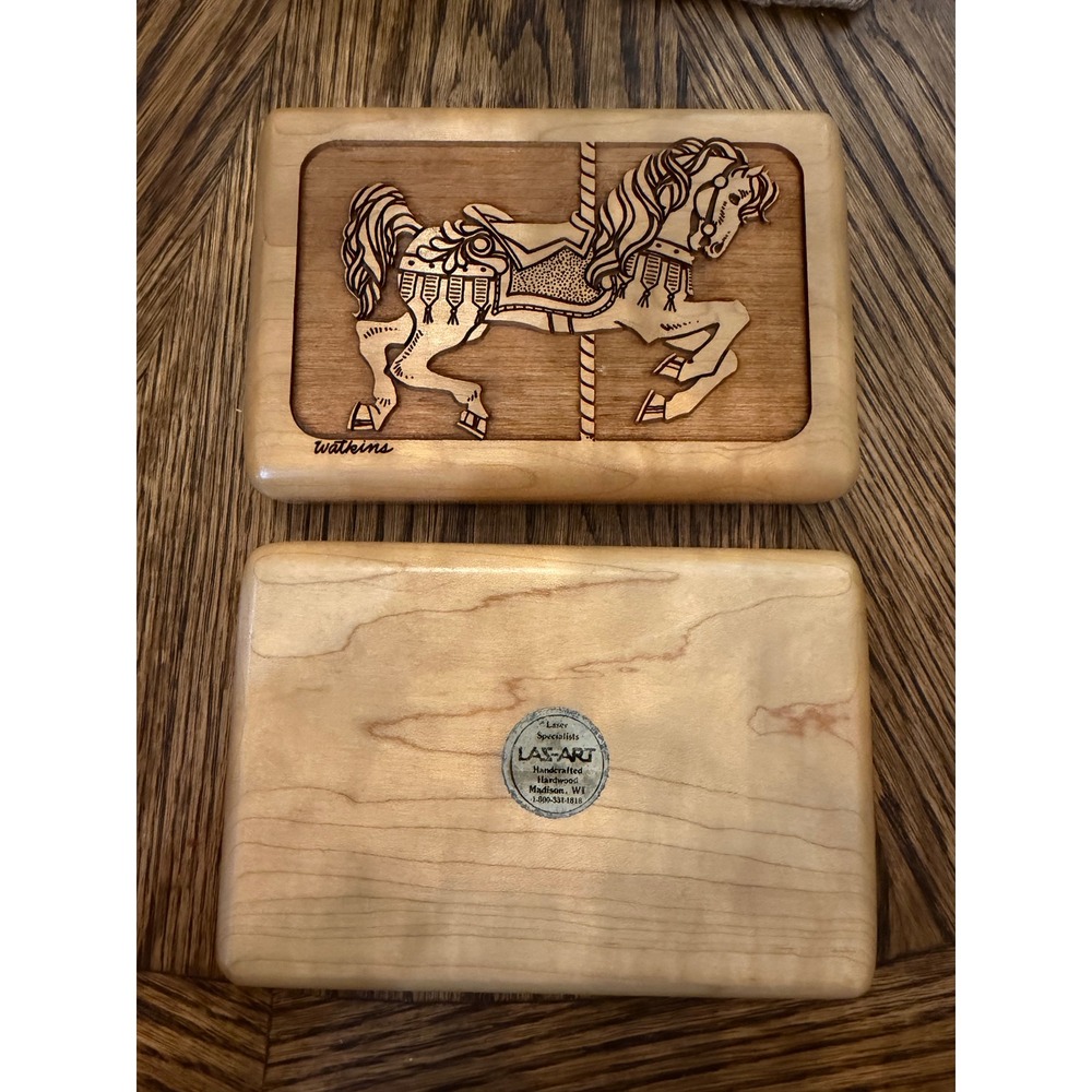 Las-Art Handcrafted Hardwood Carousel Horse Trinket Box Blue Velvet Lining 2pc - Picture 2 of 4